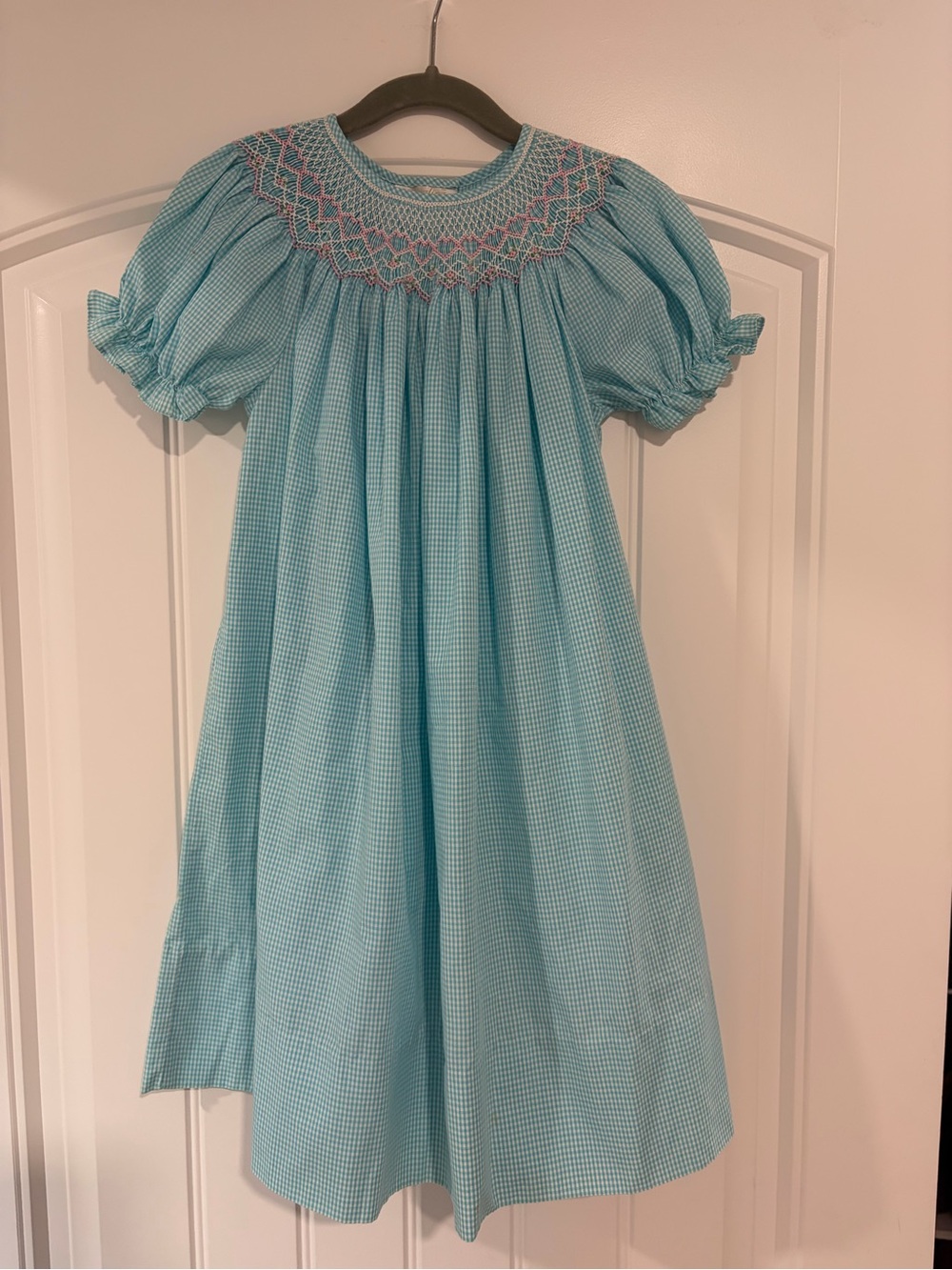 Classic Smocked Girls' Aqua Blue Gingham Dress